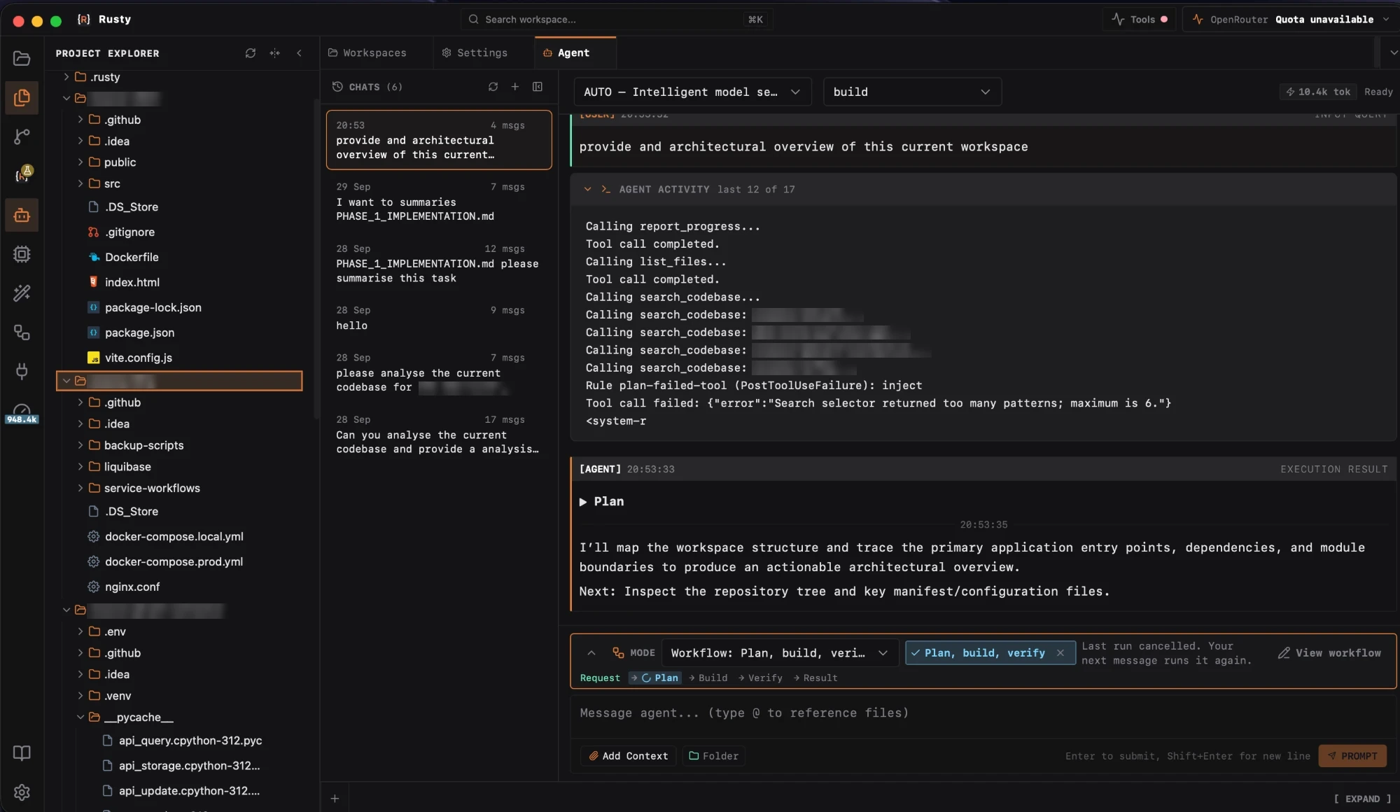 Rusty in Agent Mode: the file explorer and chat list on the left, the agent's activity in the middle, and the workflow bar below showing a Plan, build, verify run with the AUTO model selected.