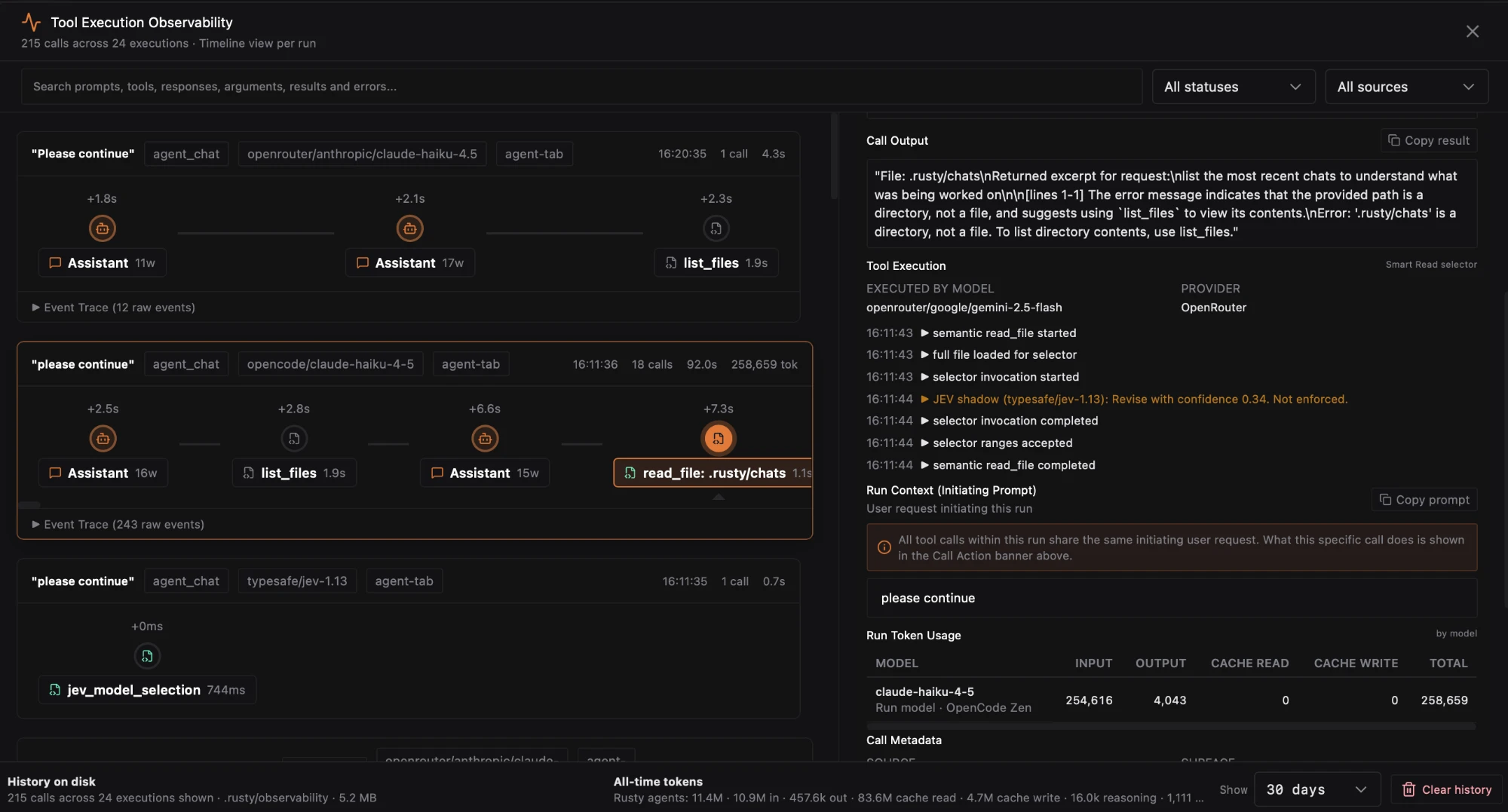 The Tool Execution Observability window listing runs with their models, calls and durations on the left, and on the right the selected call's output, the model that executed it, the run's initiating prompt and token usage by model.