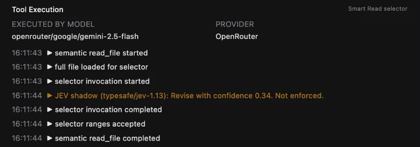 Tool Execution details for a smart read_file call: executed by the model openrouter/google/gemini-2.5-flash on the OpenRouter provider, with steps from 'full file loaded for selector' to 'selector ranges accepted'.