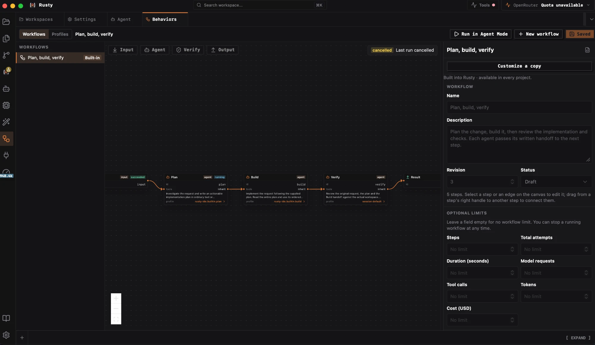 The Behaviors editor showing the built-in Plan, build, verify workflow as a graph of Input, Plan, Build, Verify and Result steps, with the workflow's name, description and optional limits in the inspector.